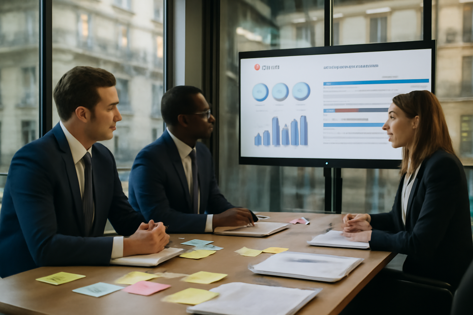 Directeur de la transformation en réunion de gouvernance avec tableaux de bord KPI