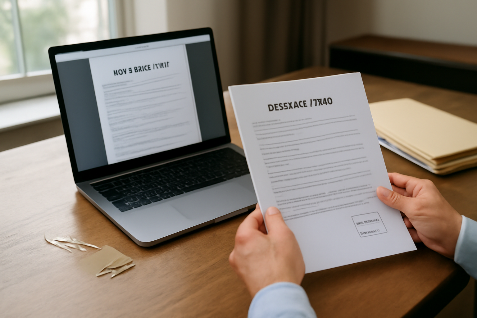 extrait kbis de moins de 3 mois sur écran d’ordinateur, documents et cachet du greffe sur un bureau, lumière naturelle