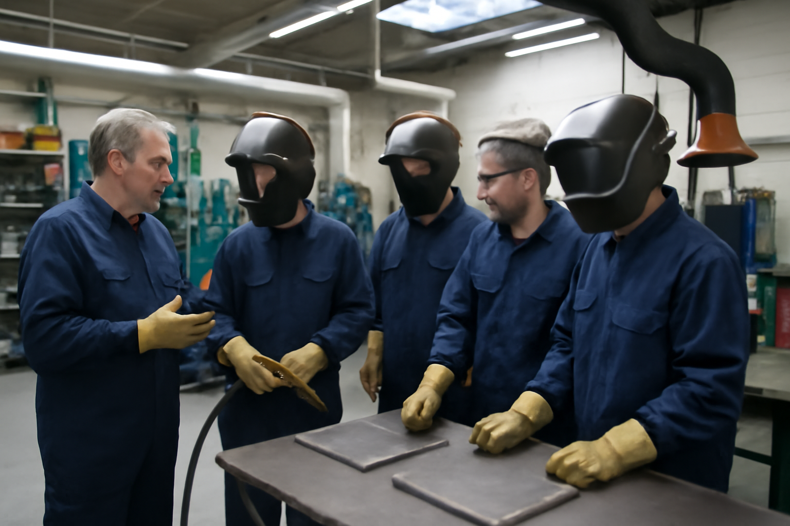 formation soudeur nucléaire en atelier de soudage avec équipements de sécurité et postes de travail