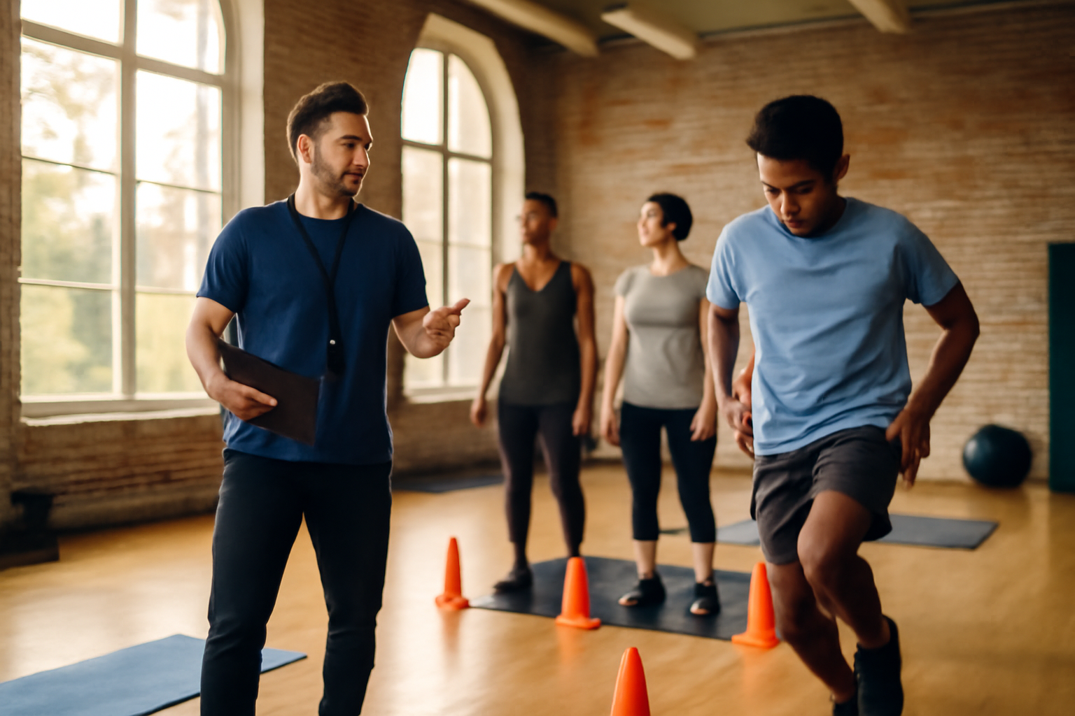 métier du sport : éducateur sportif encadrant une séance dans un gymnase
