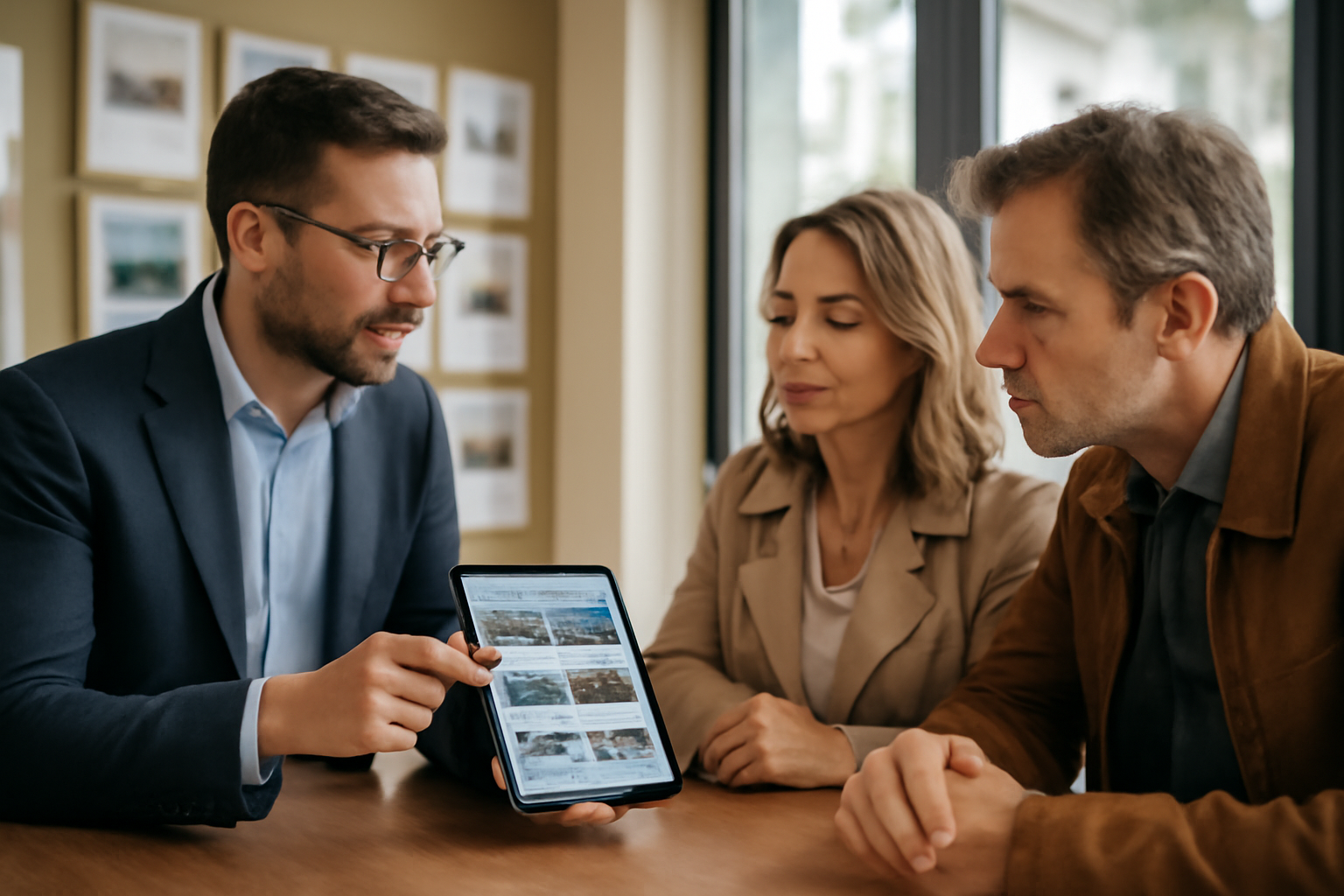 salaire immobilier en agence immobilière, conseiller montrant des dossiers