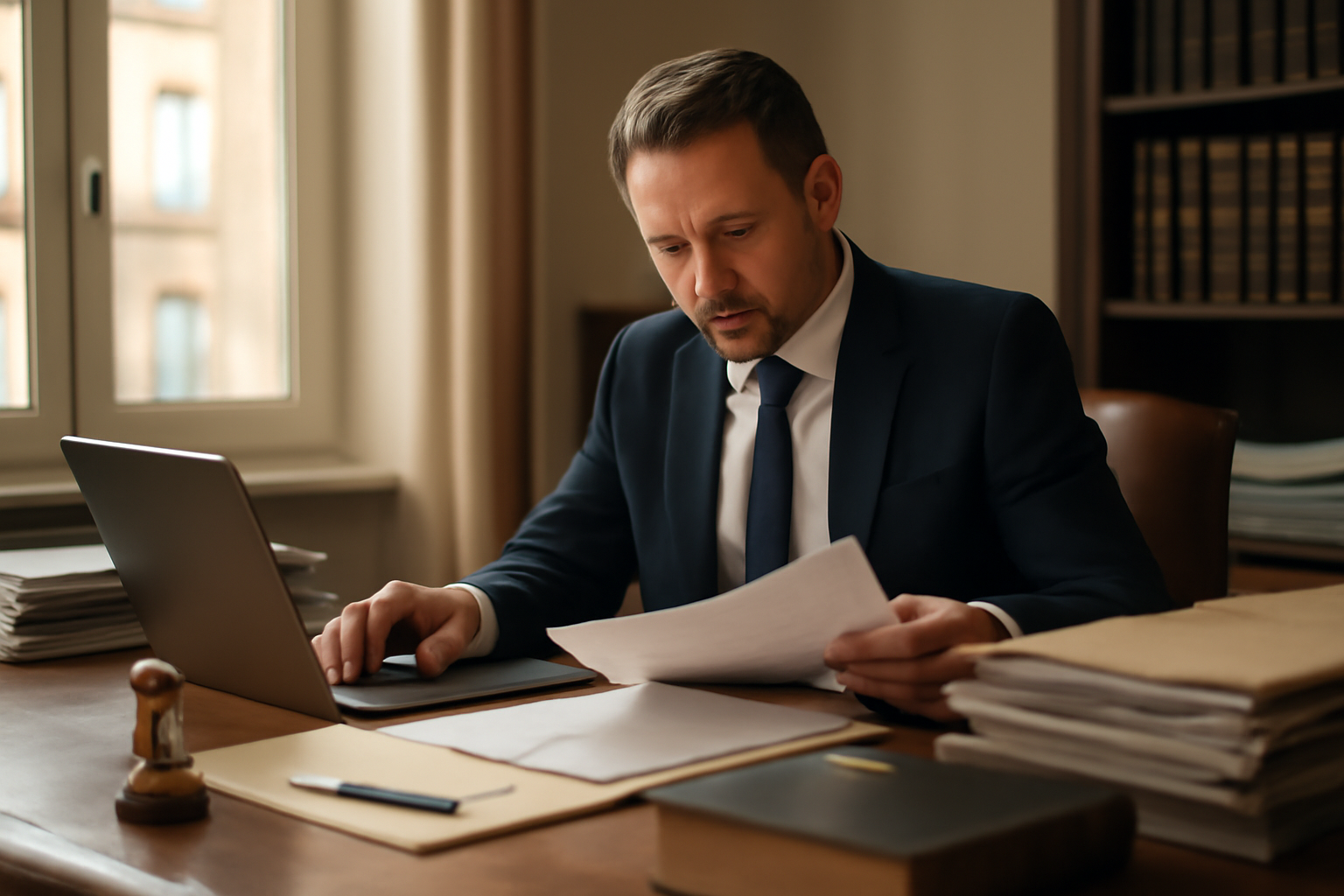 Salaire notaire par mois : un notaire consulte des documents au bureau