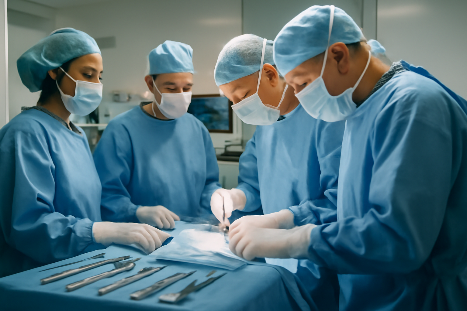 Chirurgie cardio thoracique salaire : salle opératoire en France, équipe médicale en tenue et instruments stériles