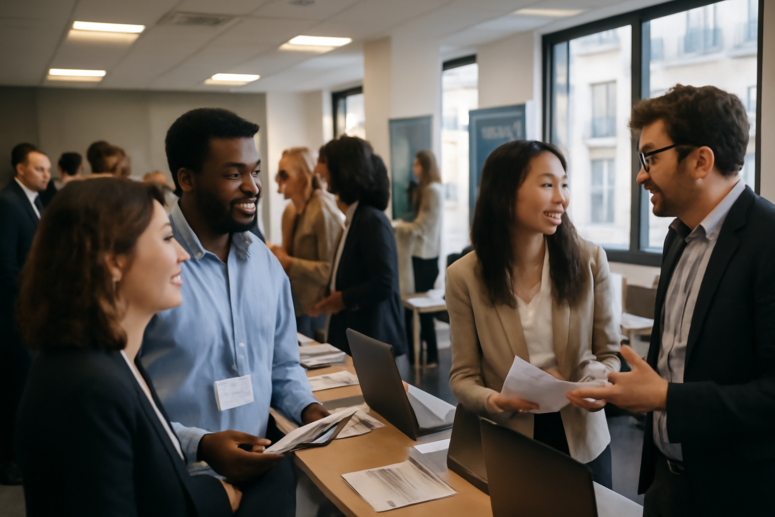 Forum international emploi : recruteurs et candidats discutent lors d’un salon en salle, lumière naturelle, affiches d’entreprises
