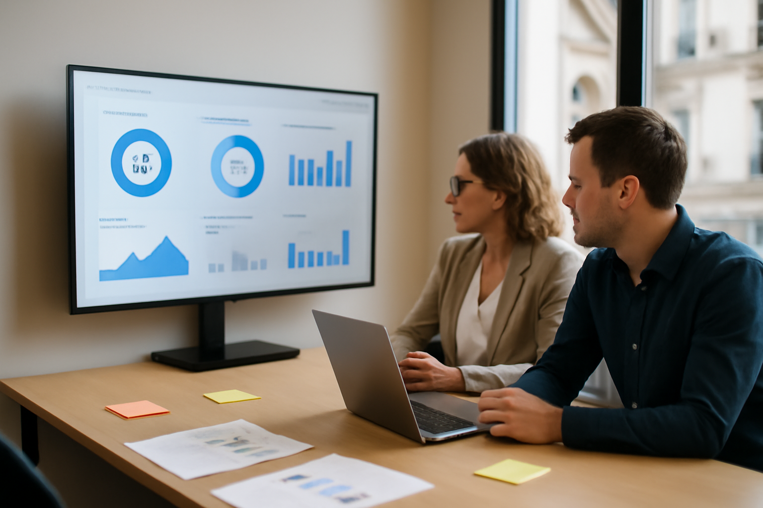 insight morphing : équipe RH analysant des tableaux de bord sur écran dans une salle de réunion