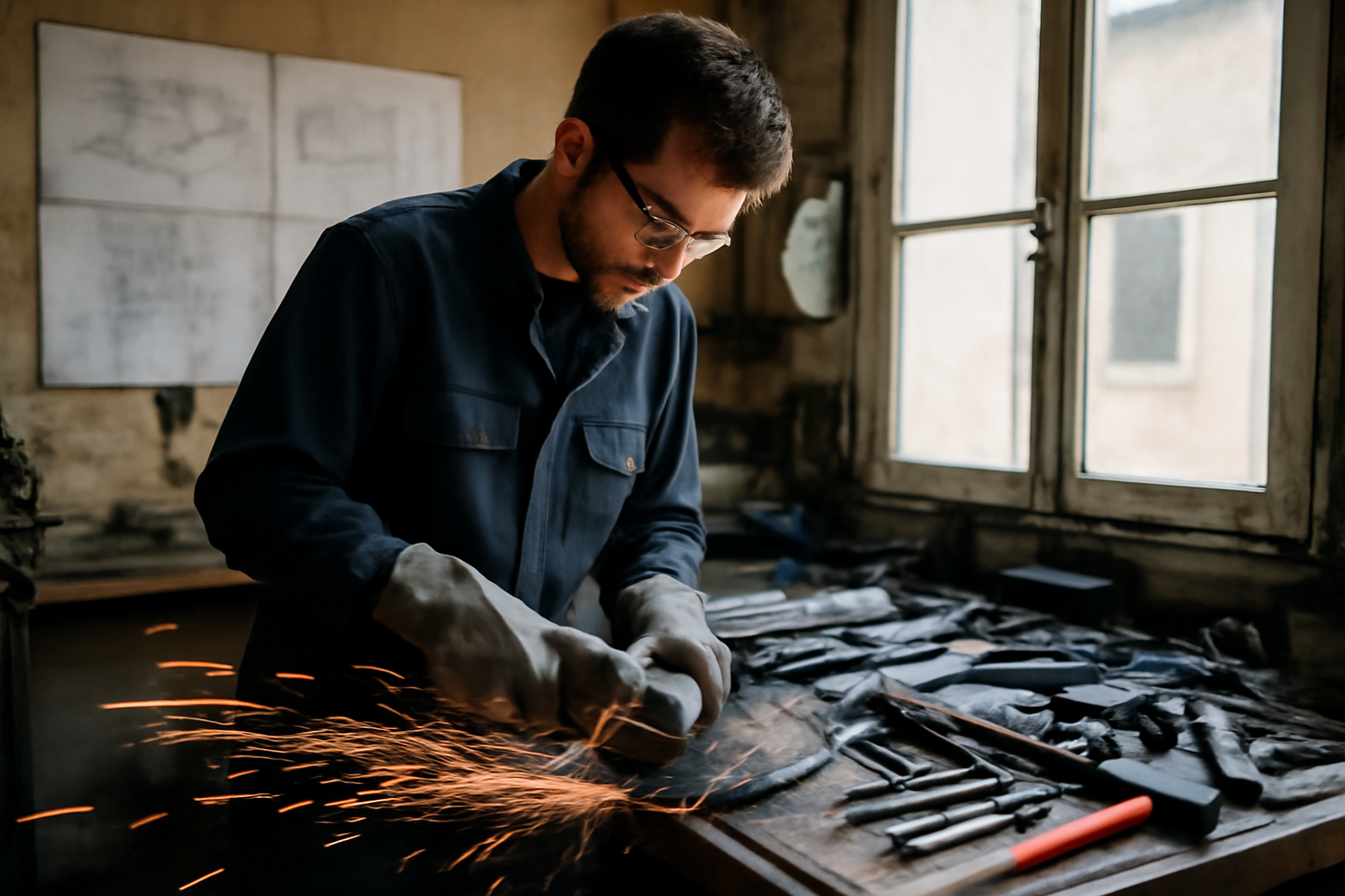 métier manuel : artisan en atelier réalisant une réparation avec outils et protections