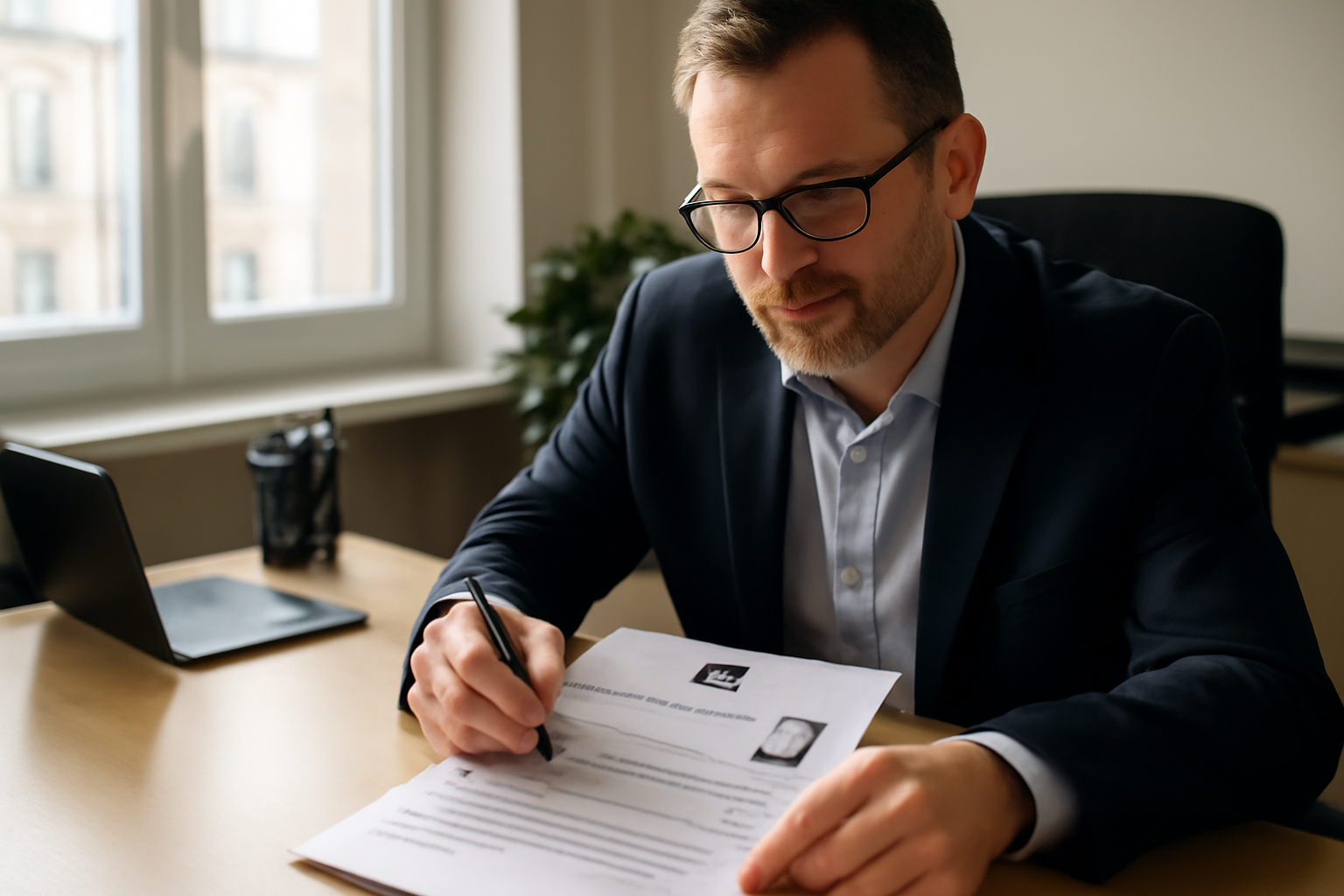 Un recruteur lit un CV avec la mention permis cv et la catégorie de permis sur une table, lumière naturelle, photo réaliste