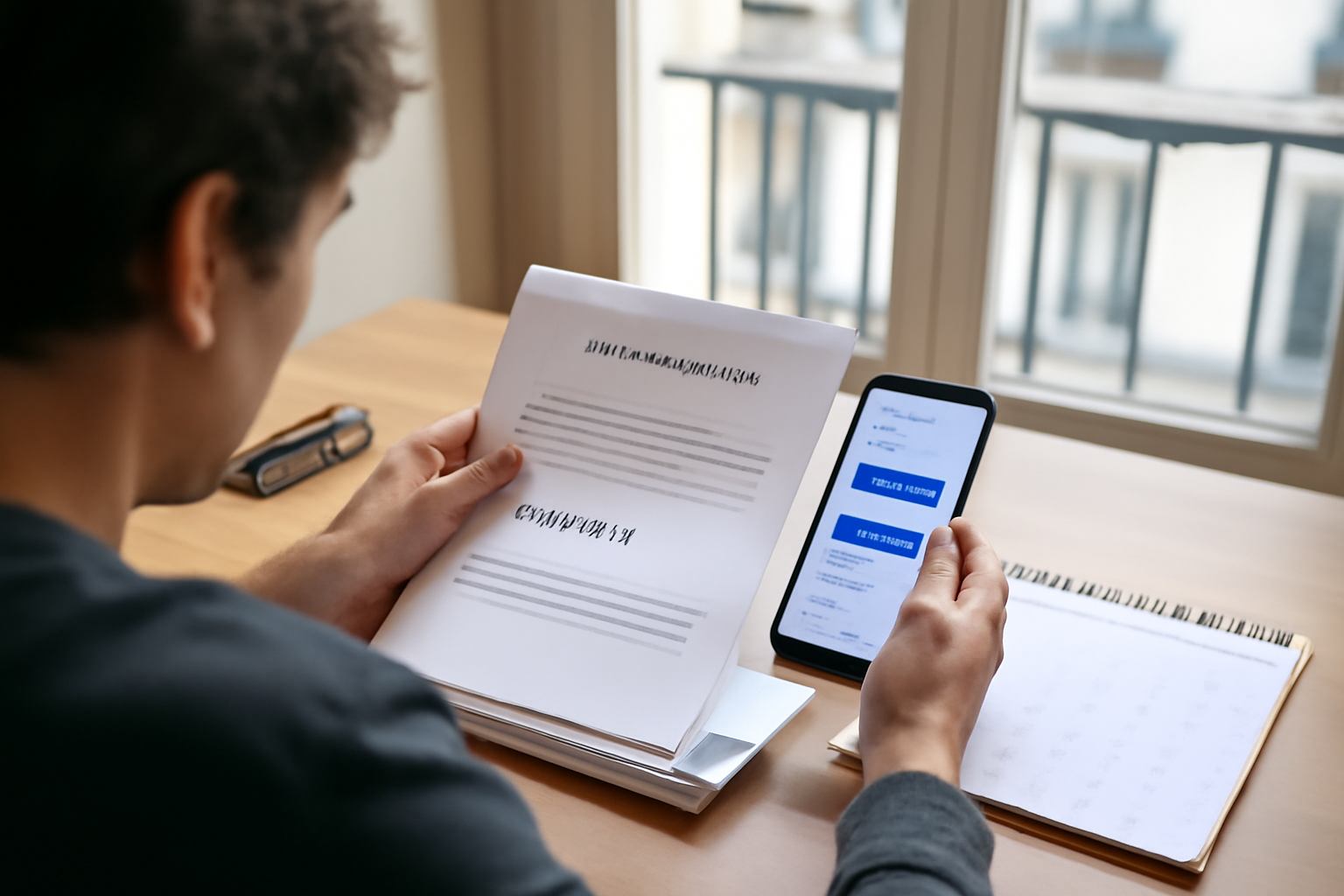 Carence chomage : documents France Travail et calendrier de paiement sur une table, lumière naturelle