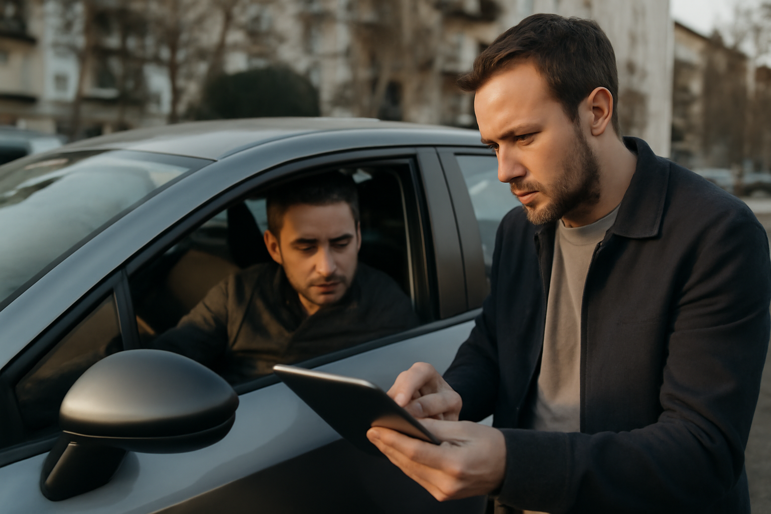 Comparaison cartage assurance sur une tablette, conducteur et propriétaire discutent devant une voiture garée, lumière de fin d’après-midi