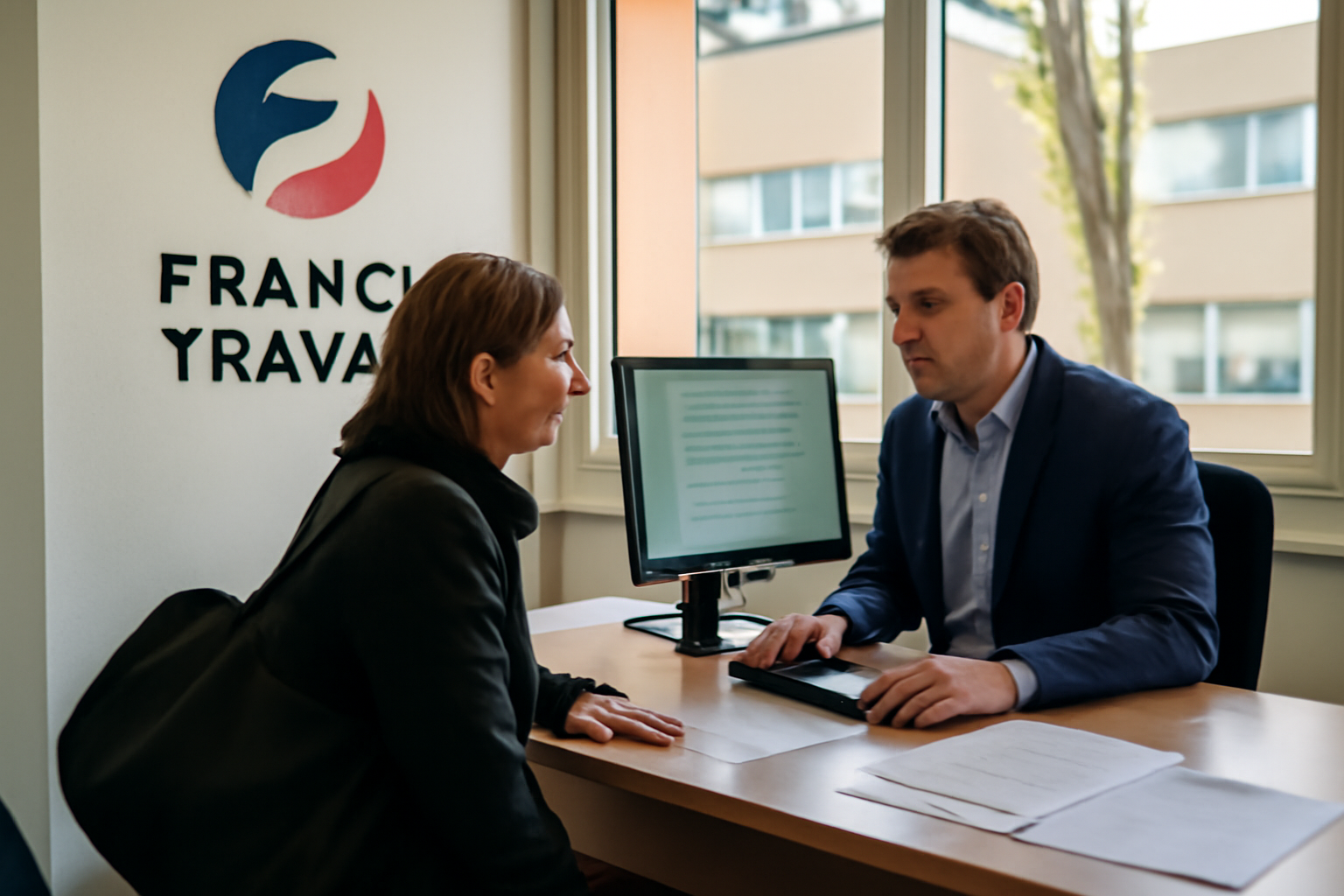 droit d4option : agent France Travail et demandeur d’emploi consultant un dossier sur ordinateur