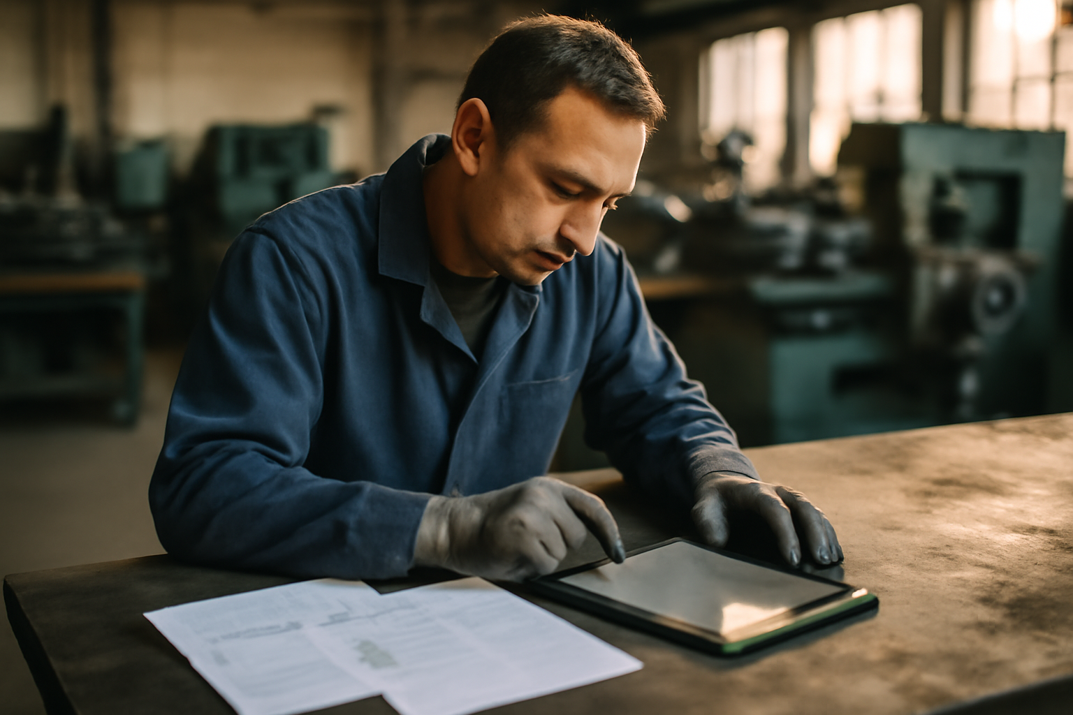 Technicien en atelier métallurgie consultant une grille salaire métallurgie 2025 sur une tablette près d’un établi, lumière naturelle