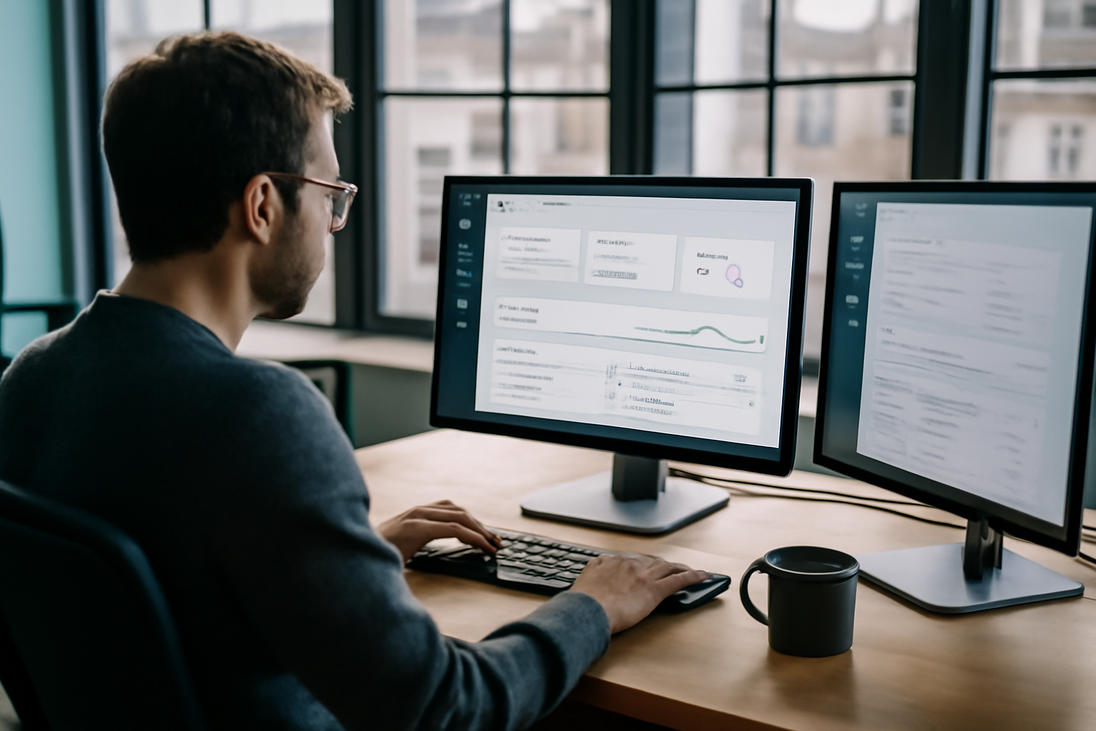 métier en w : webmaster gérant un site, écran de maintenance et sécurité dans un bureau moderne
