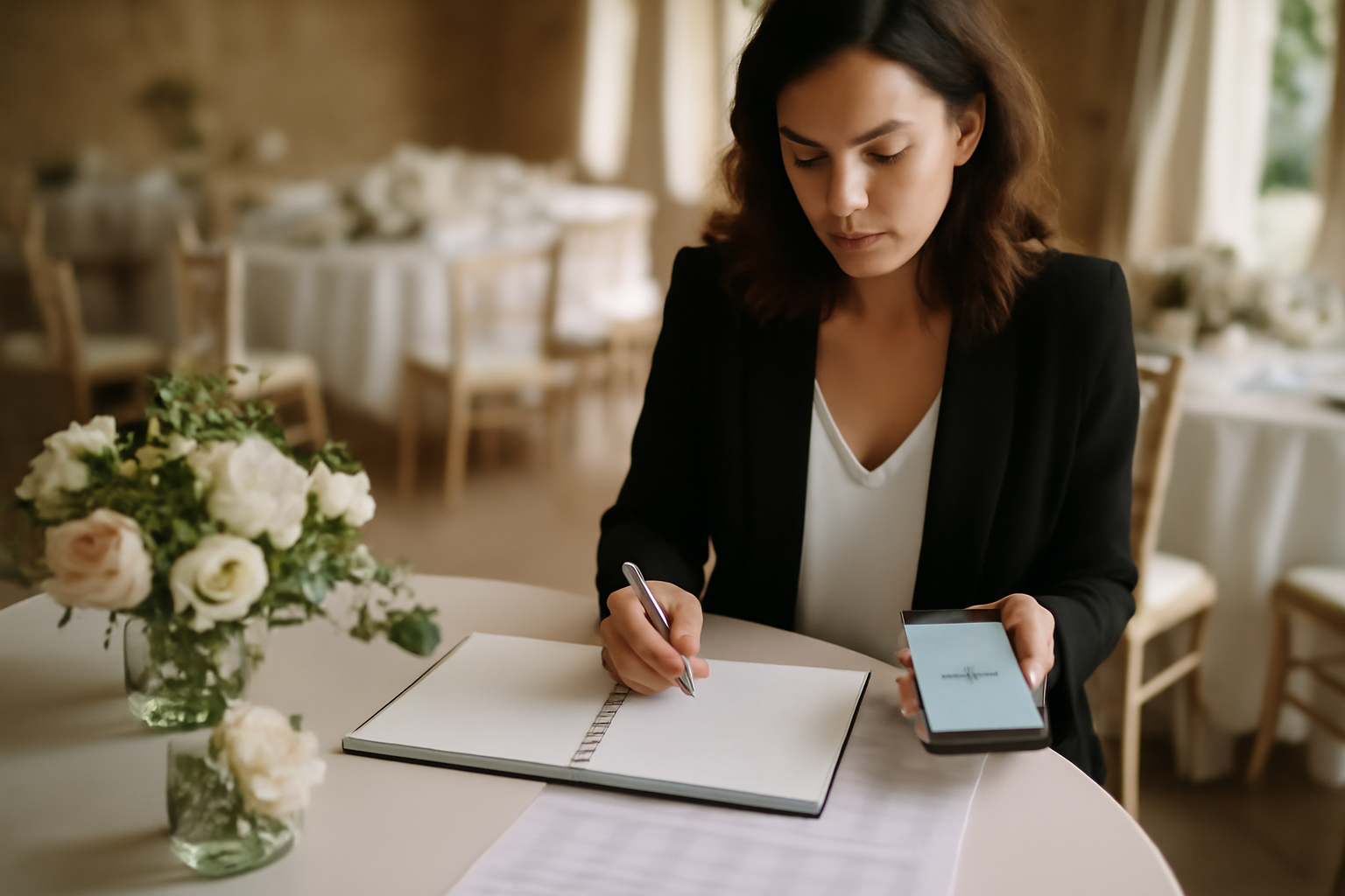 wedding planner en W coordonnant prestataires et planning sur un carnet et un téléphone