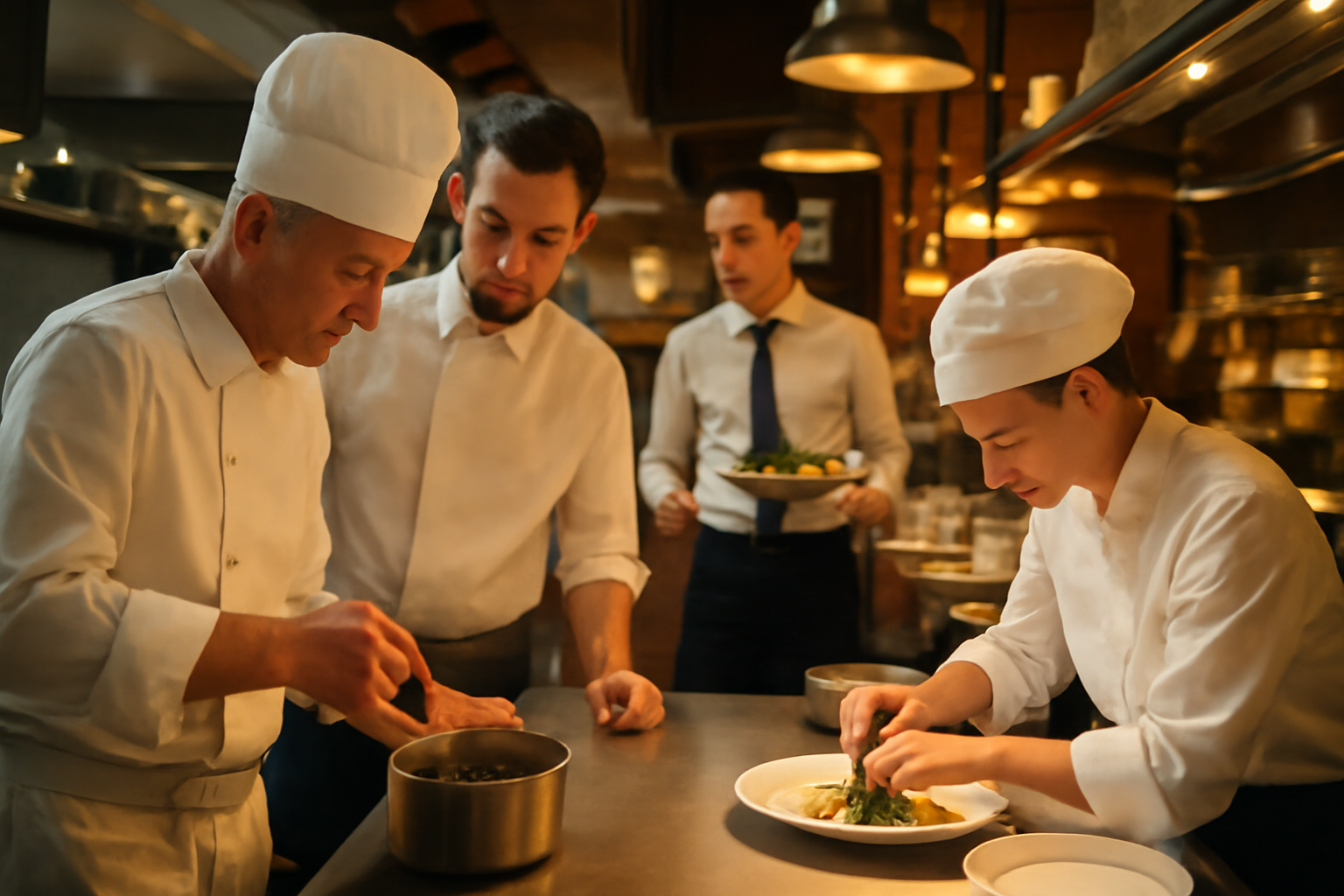 Métier restauration : cuisine et salle avec équipe en service