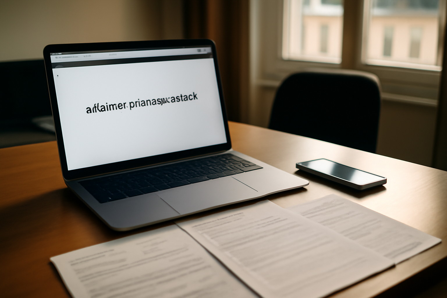 Vue d’un ordinateur affichant alliance-sciences-societe.fr dans un bureau avec documents et téléphone, lumière naturelle