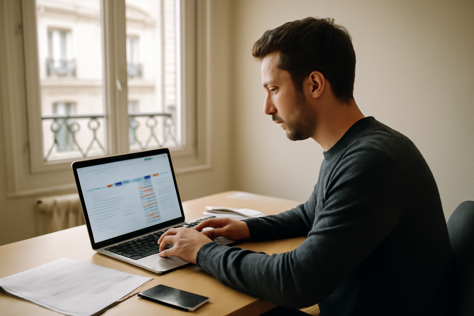 auto entrepreneur du web sur un ordinateur portable avec documents et smartphone dans un bureau lumineux