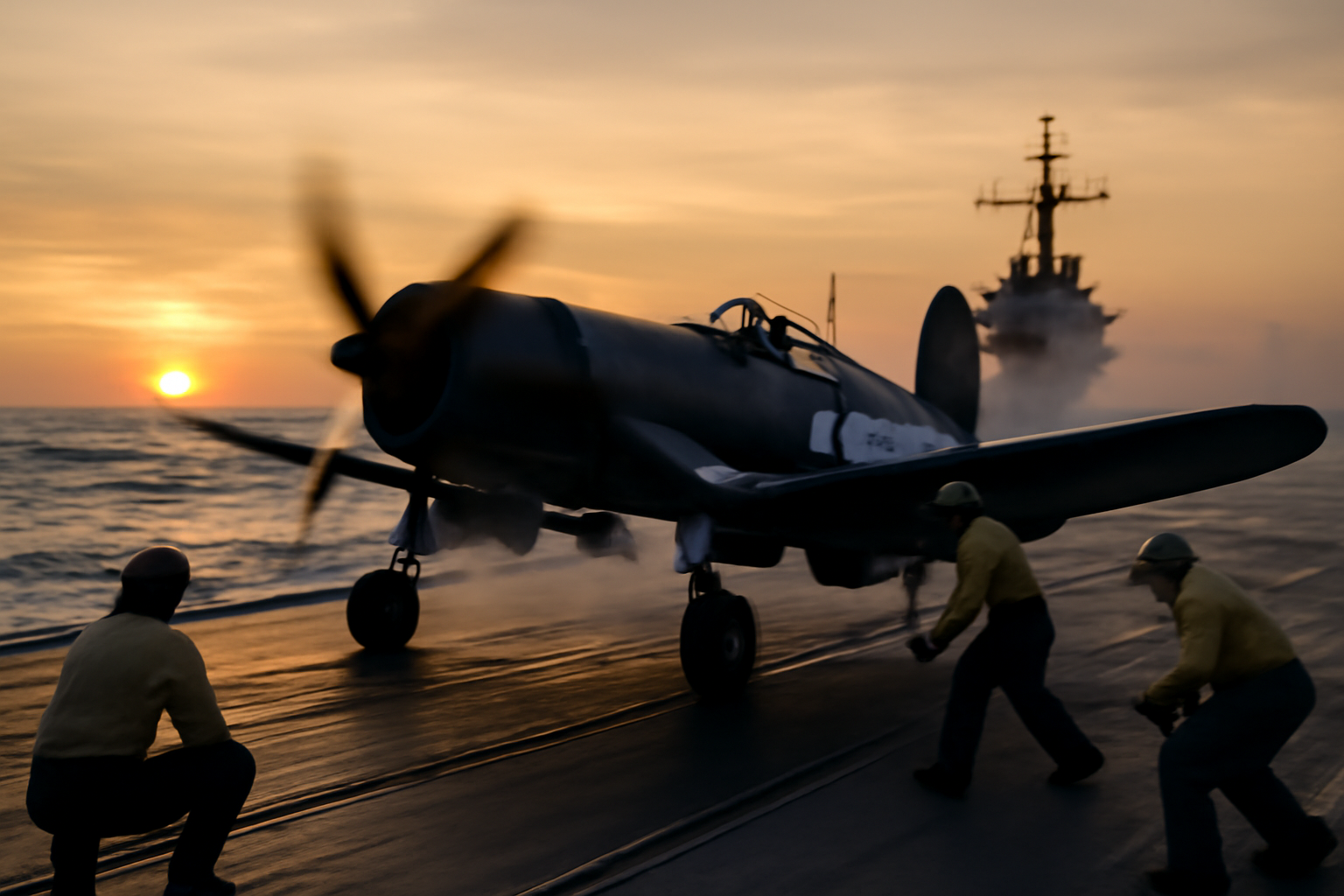 f4u corsair sur un porte-avions au décollage, aile en W visible, mer Pacifique, lumière de fin d’après-midi