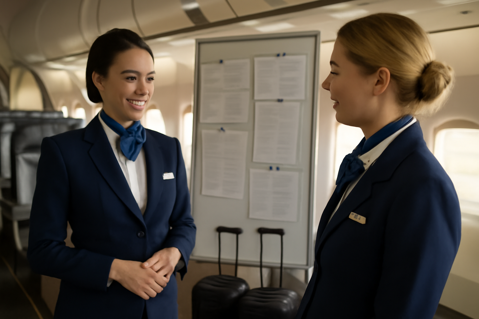 hôtesse de l’air et salaire en cabine, briefing avant départ, lumière naturelle à l’aéroport