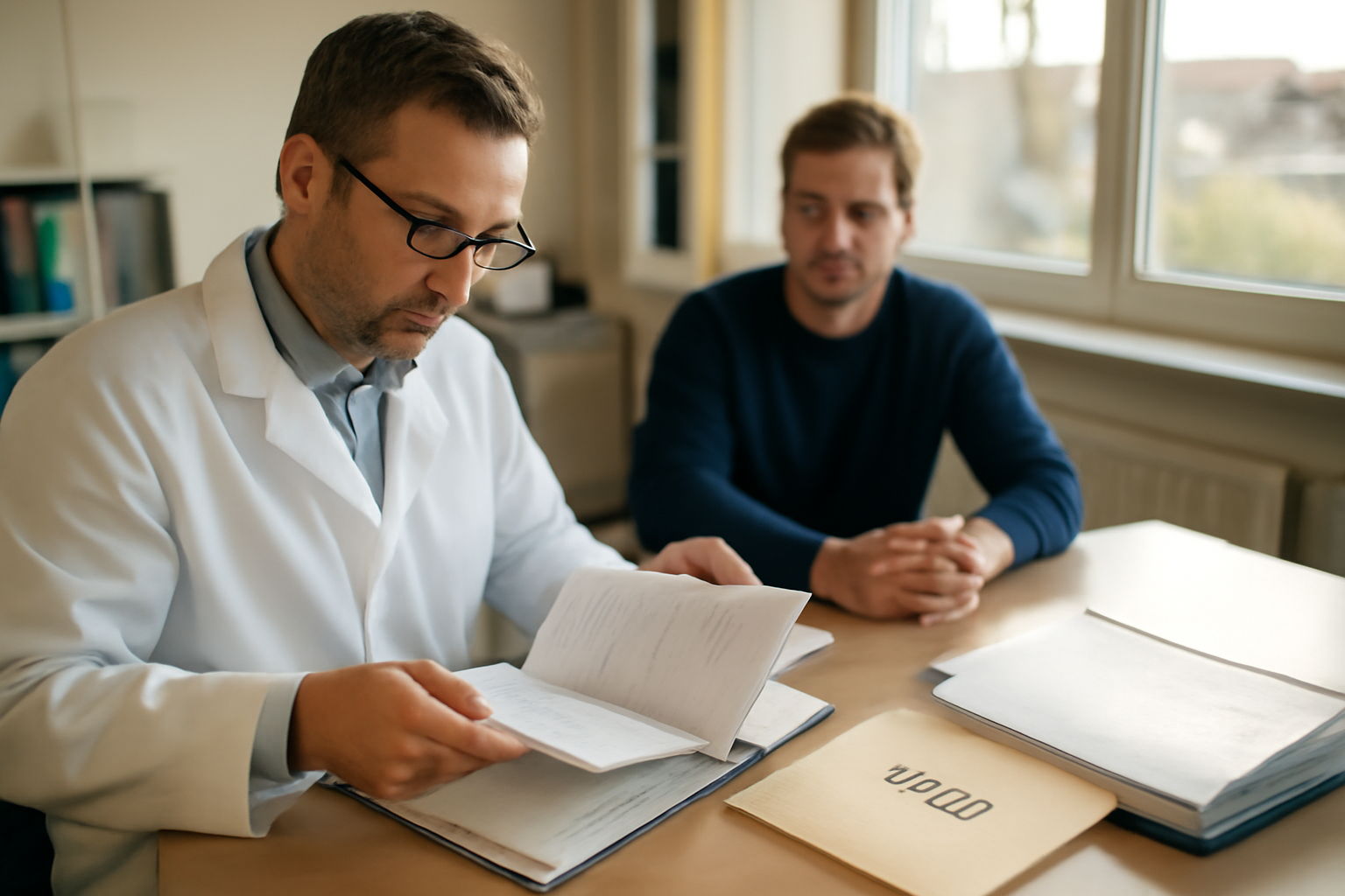 inaptitude au travail et mdph : médecin du travail et dossier MDPH sur une table, scène réaliste