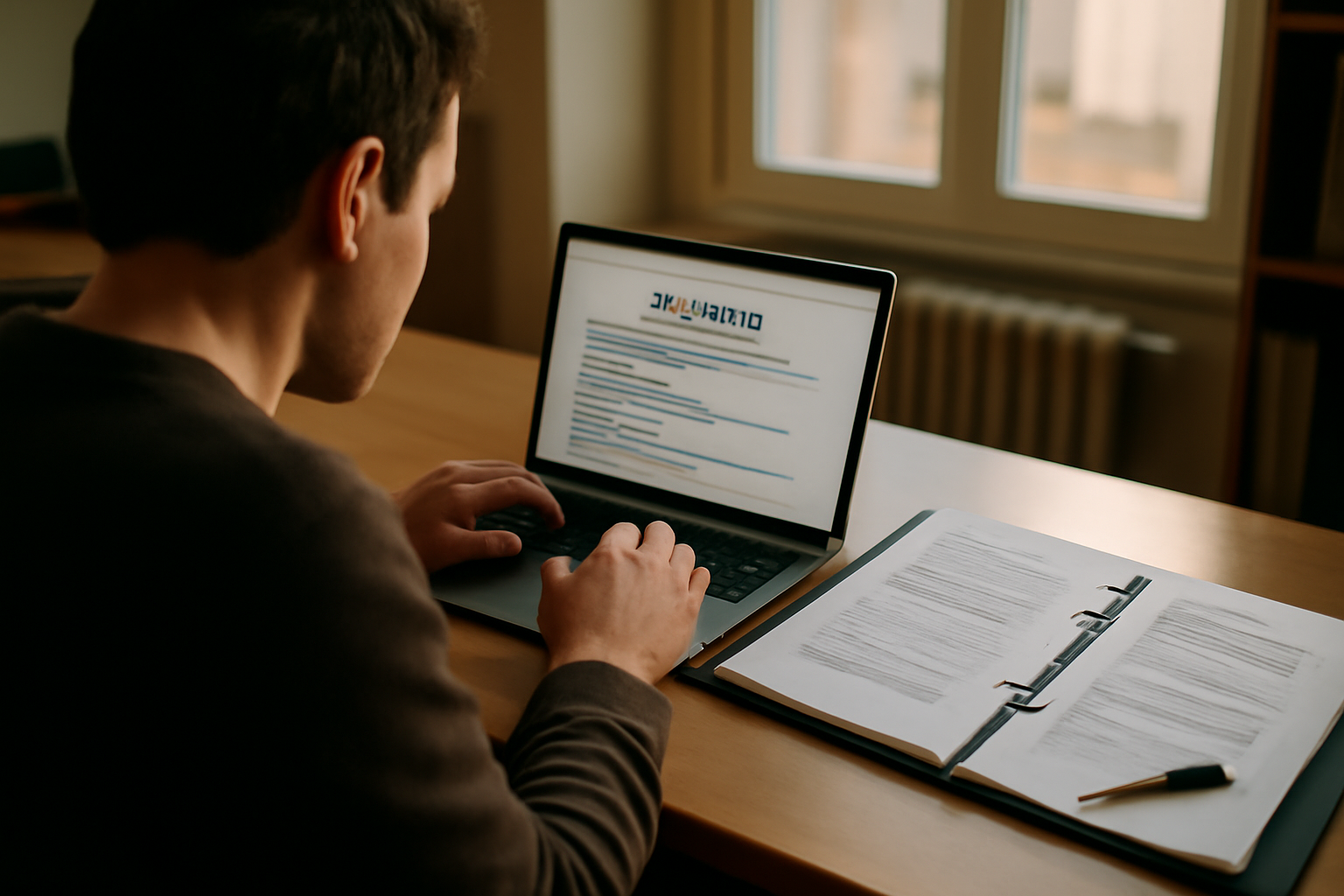 métier en q : recherche d’offres sur un ordinateur avec documents et tableau de compétences