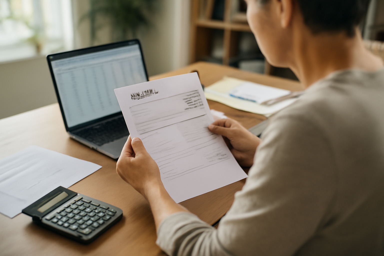 Calcul du 32000 brut en net sur une fiche de paie, personne vérifiant des montants à côté d’une calculatrice, lumière de bureau réaliste
