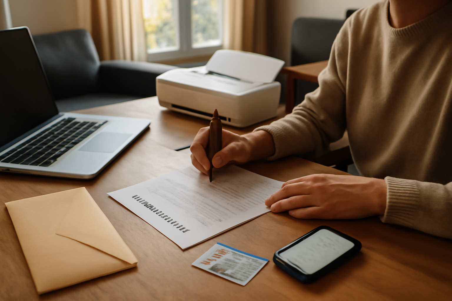 Attestation d’hébergement signée sur une table avec documents et pièce d’identité, lumière naturelle