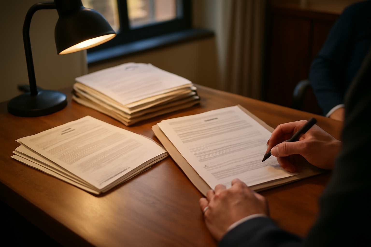 Dossier de renonciation de succession au tribunal judiciaire, documents et stylo sur table, ambiance bureau en France