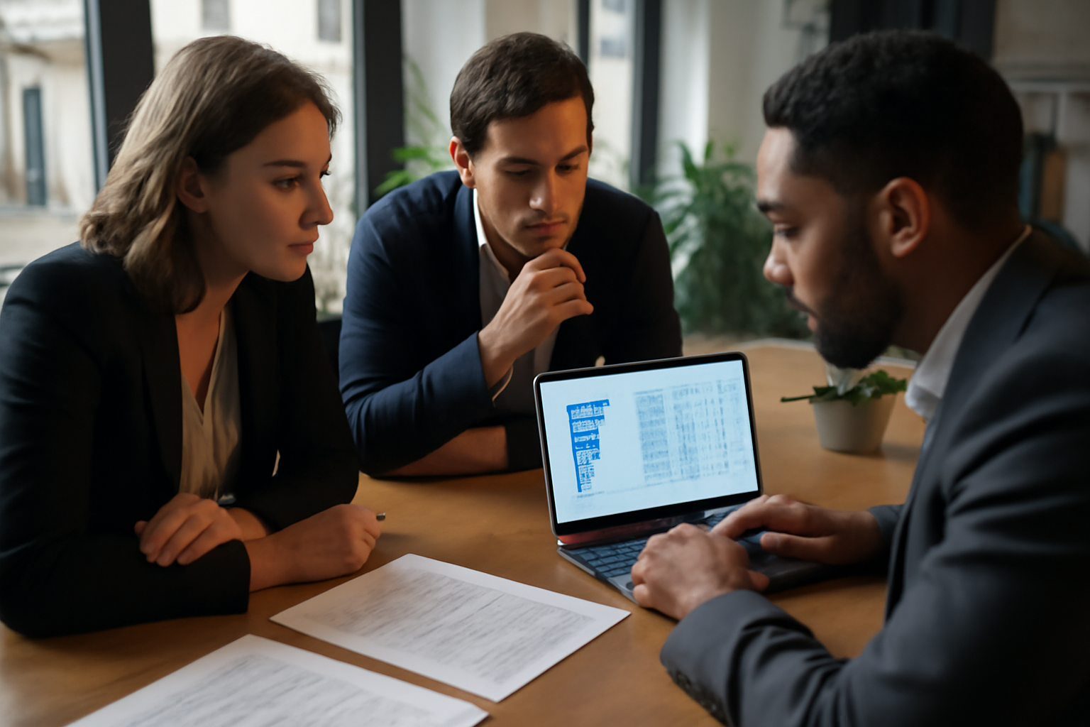 culture job : équipe RH et managers discutant d’une grille de comportements dans un bureau lumineux