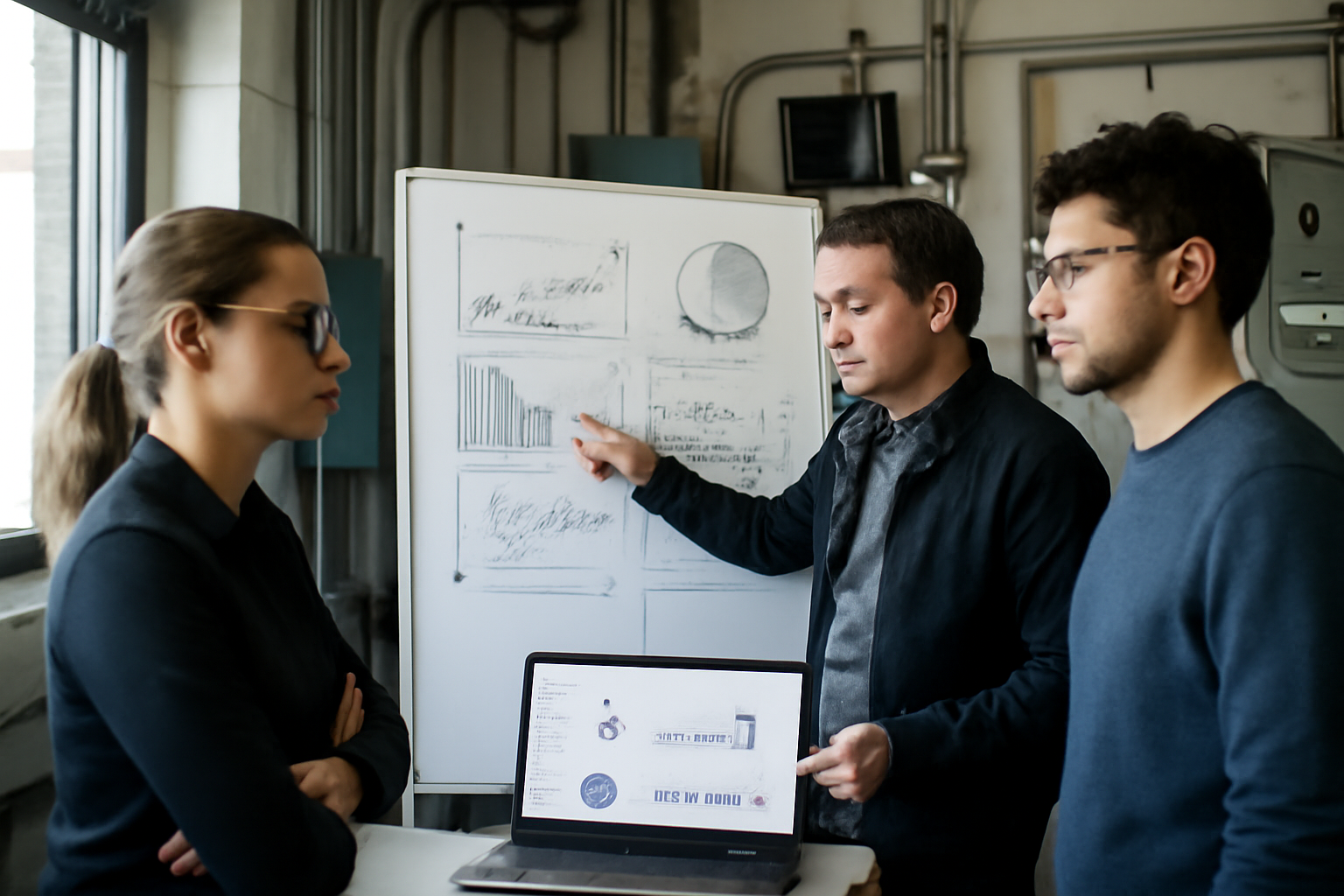 Équipe au tableau travaillant sur dmaic dans un atelier de production, lumière naturelle