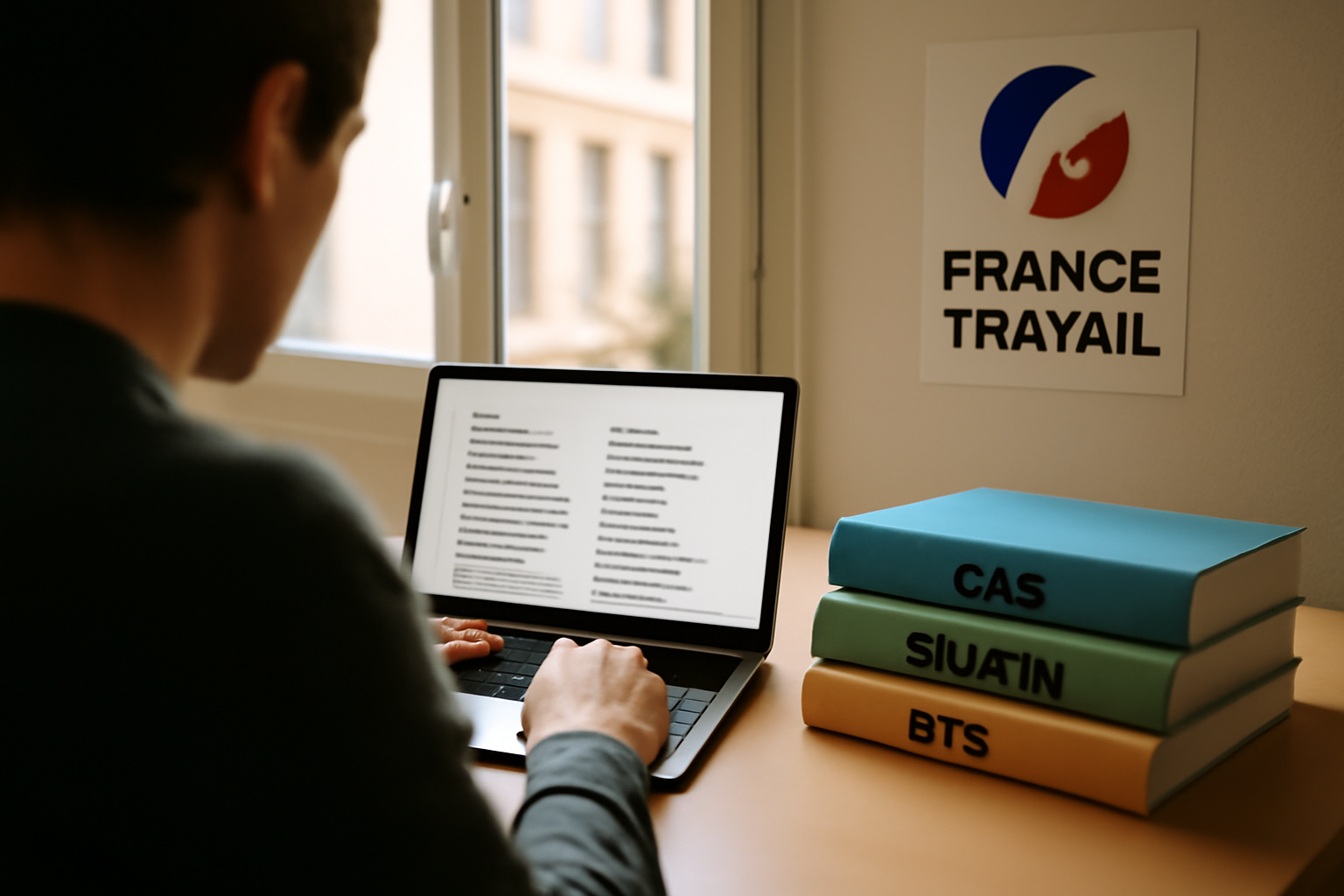 Liste des métiers en T sur un ordinateur, documents et affiches de formation dans un bureau en France
