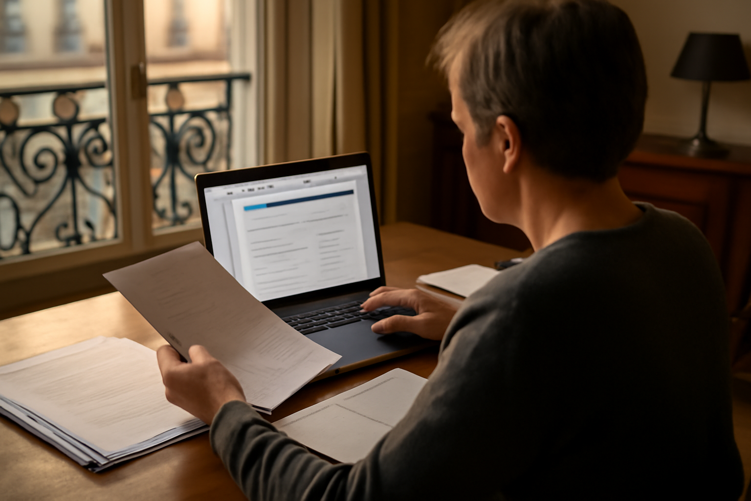 Réforme retraite générations 64 65 66 : une personne consulte son relevé de carrière sur un ordinateur, documents et calendrier sur une table, lumière naturelle