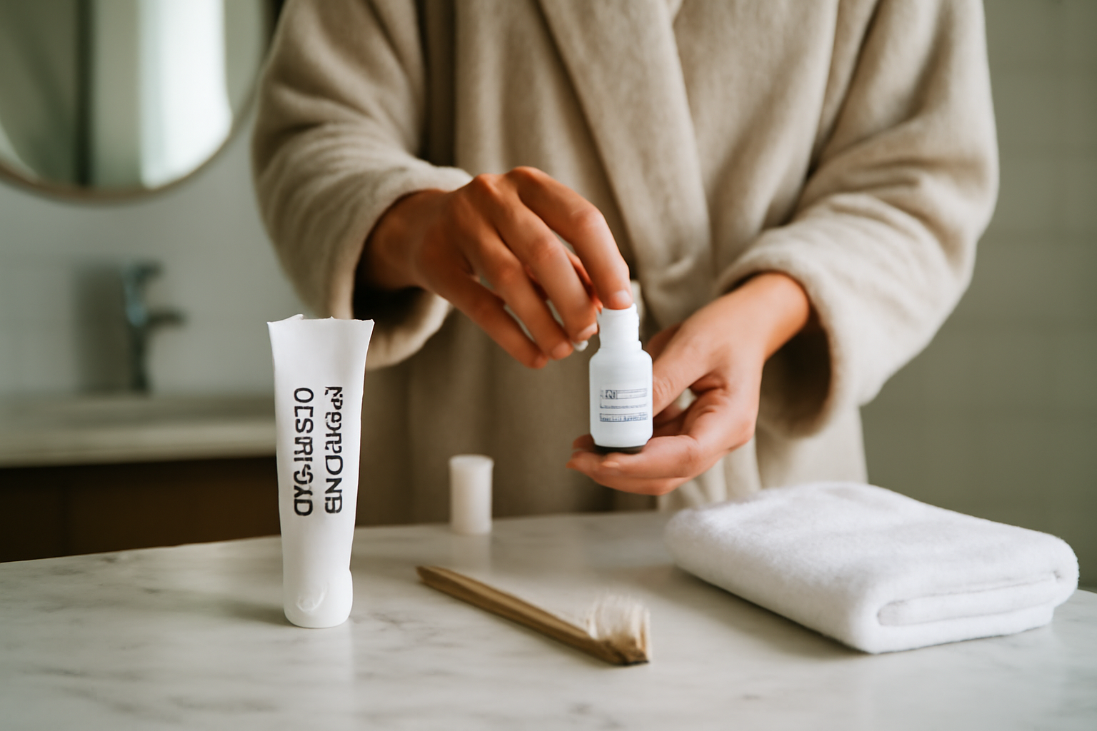 Wesmile et routine de blanchiment dentaire à domicile sur une table de salle de bain