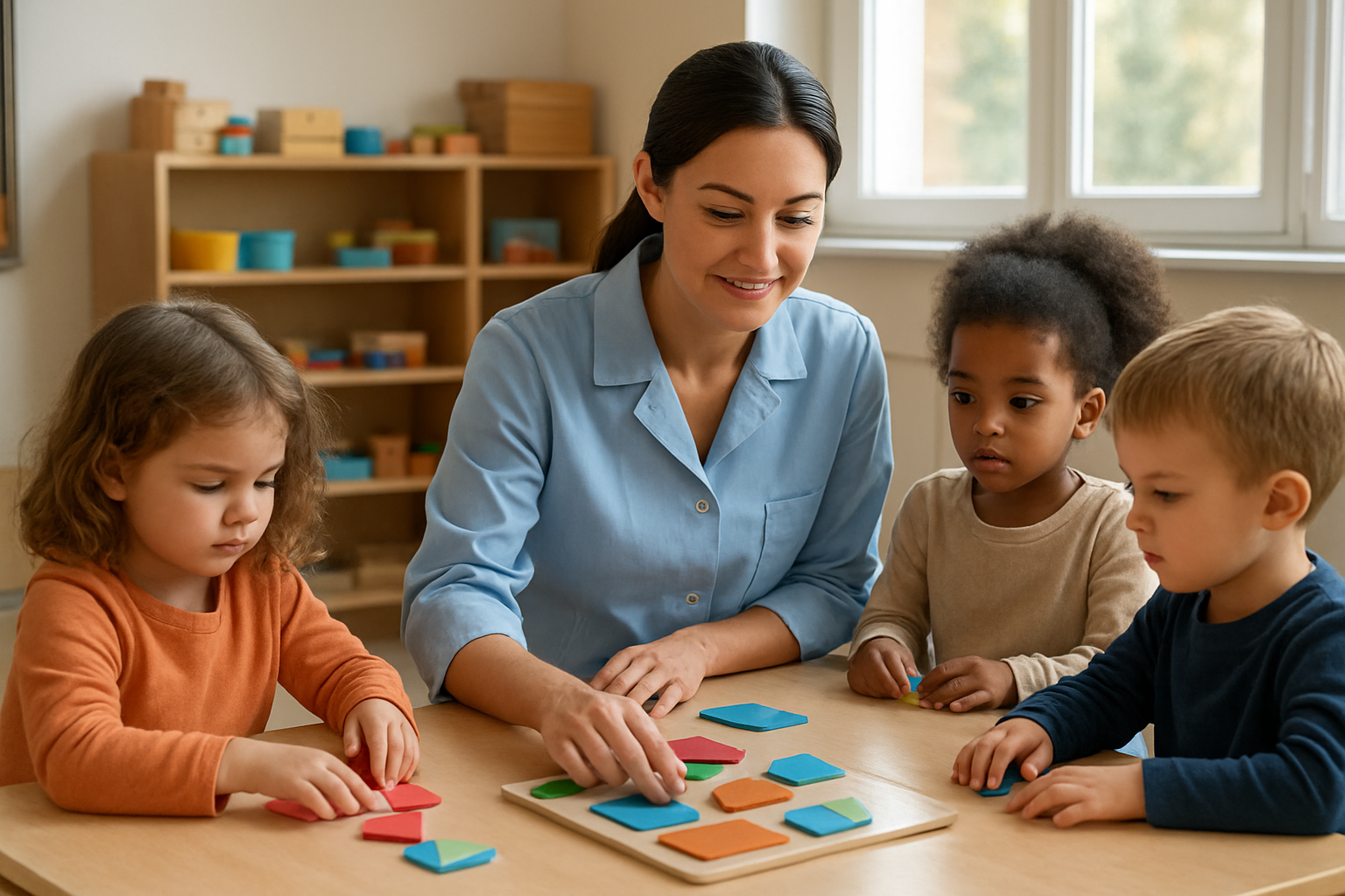 Une ATSEM aide un groupe d’enfants en maternelle à se préparer pour une activité, dans une salle de classe lumineuse