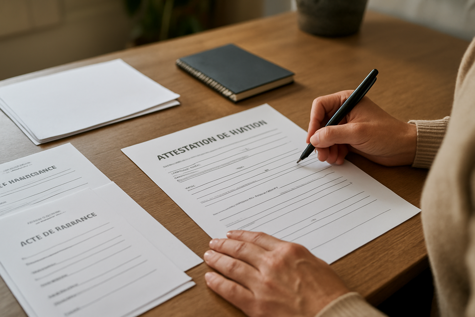 Attestation de filiation remplie et signée sur une table, documents d’état civil à côté