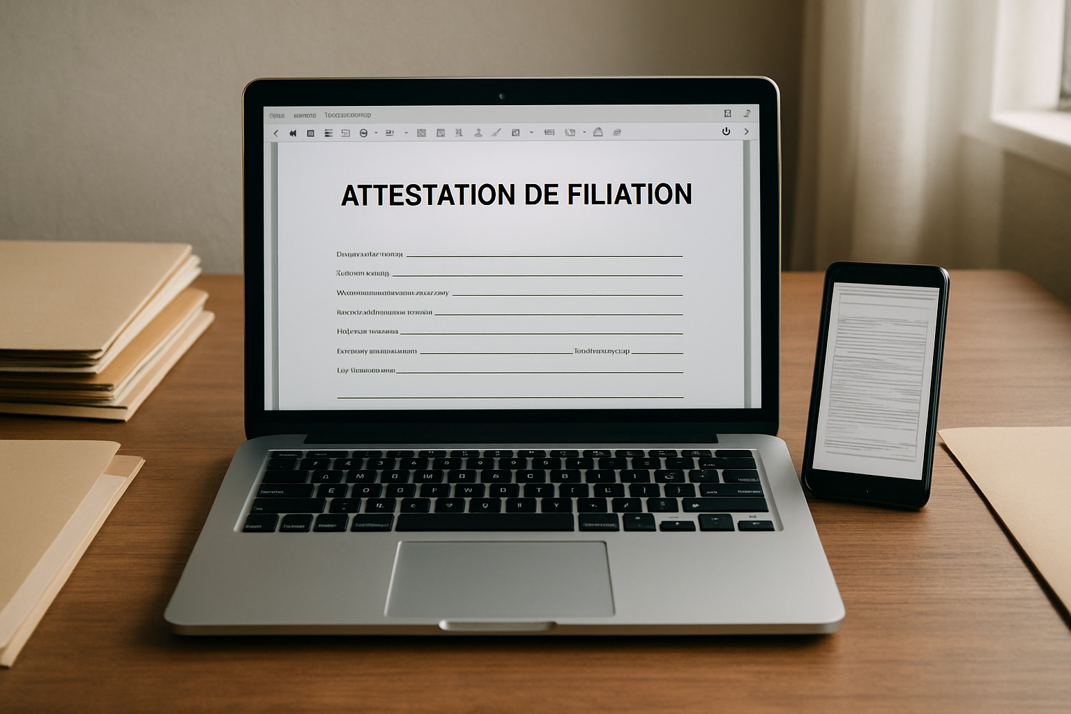 Scan net d’une attestation de filiation sur ordinateur avec dossier de justificatifs