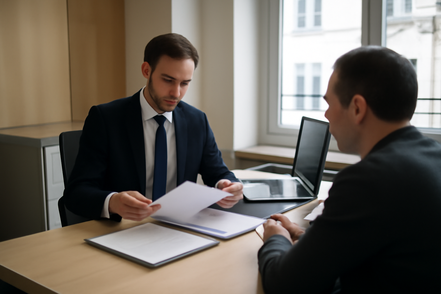 Conseiller bancaire en agence vérifiant des documents et échangeant avec un client, ambiance professionnelle et lumière naturelle