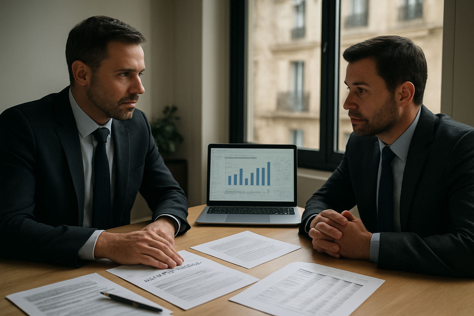 Entrepreneur et courtier en financement professionnel dans un bureau avec documents et ordinateur portable
