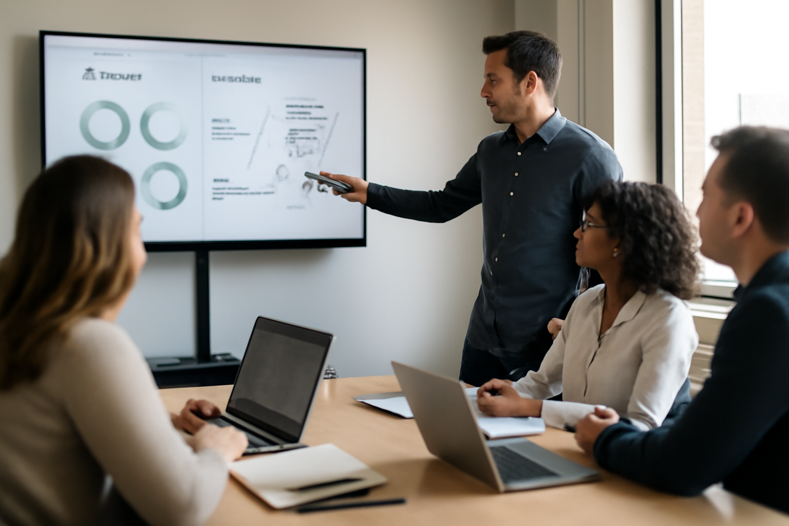 Atelier réaliste dans une salle de formation où un formateur et des participants testent une campagne Dynamics 365 Marketing sur un écran, lumière naturelle