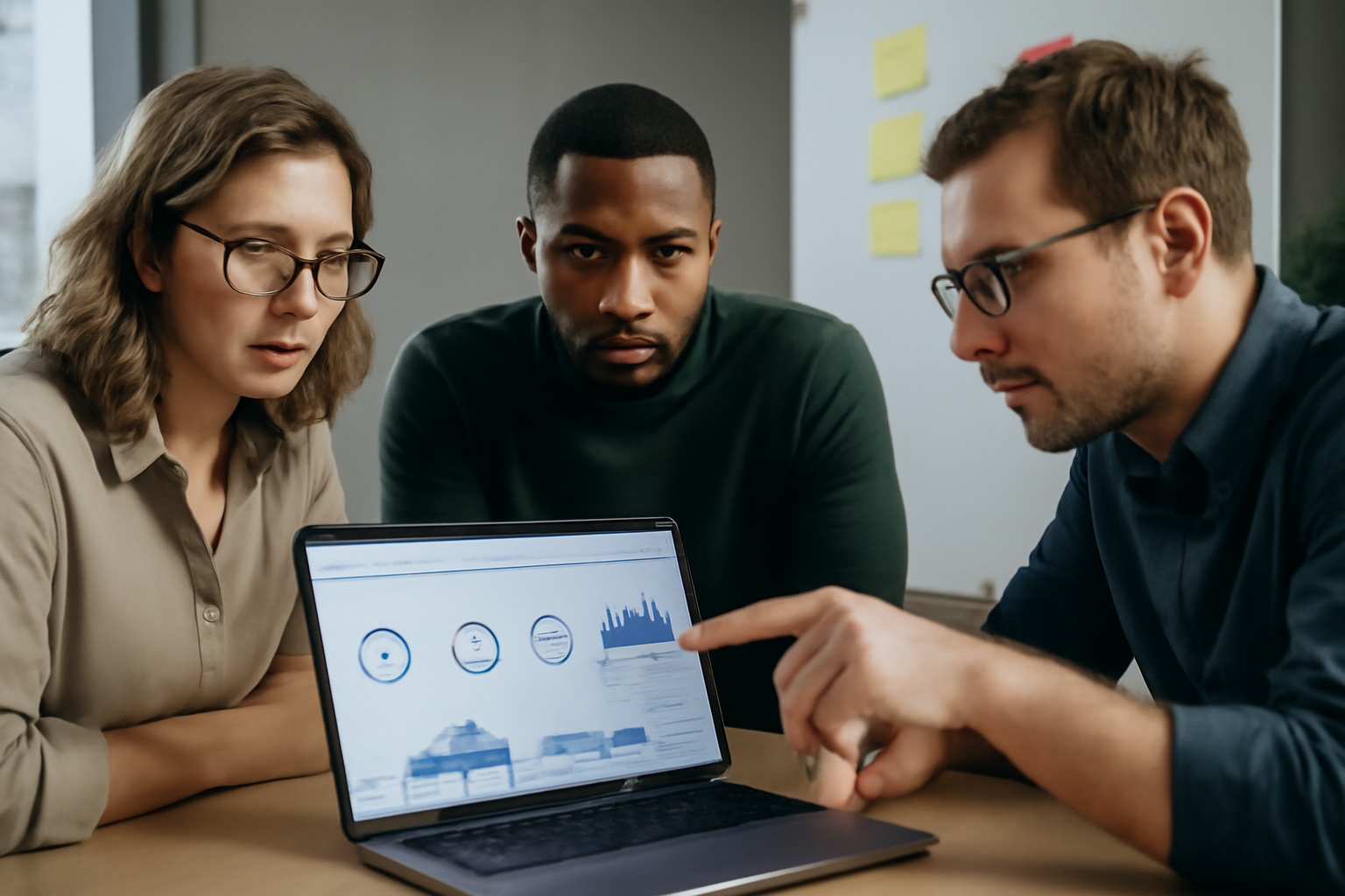 Équipe en réunion marketing et IT analysant un tableau de bord de performance et un plan de campagne sur un ordinateur portable