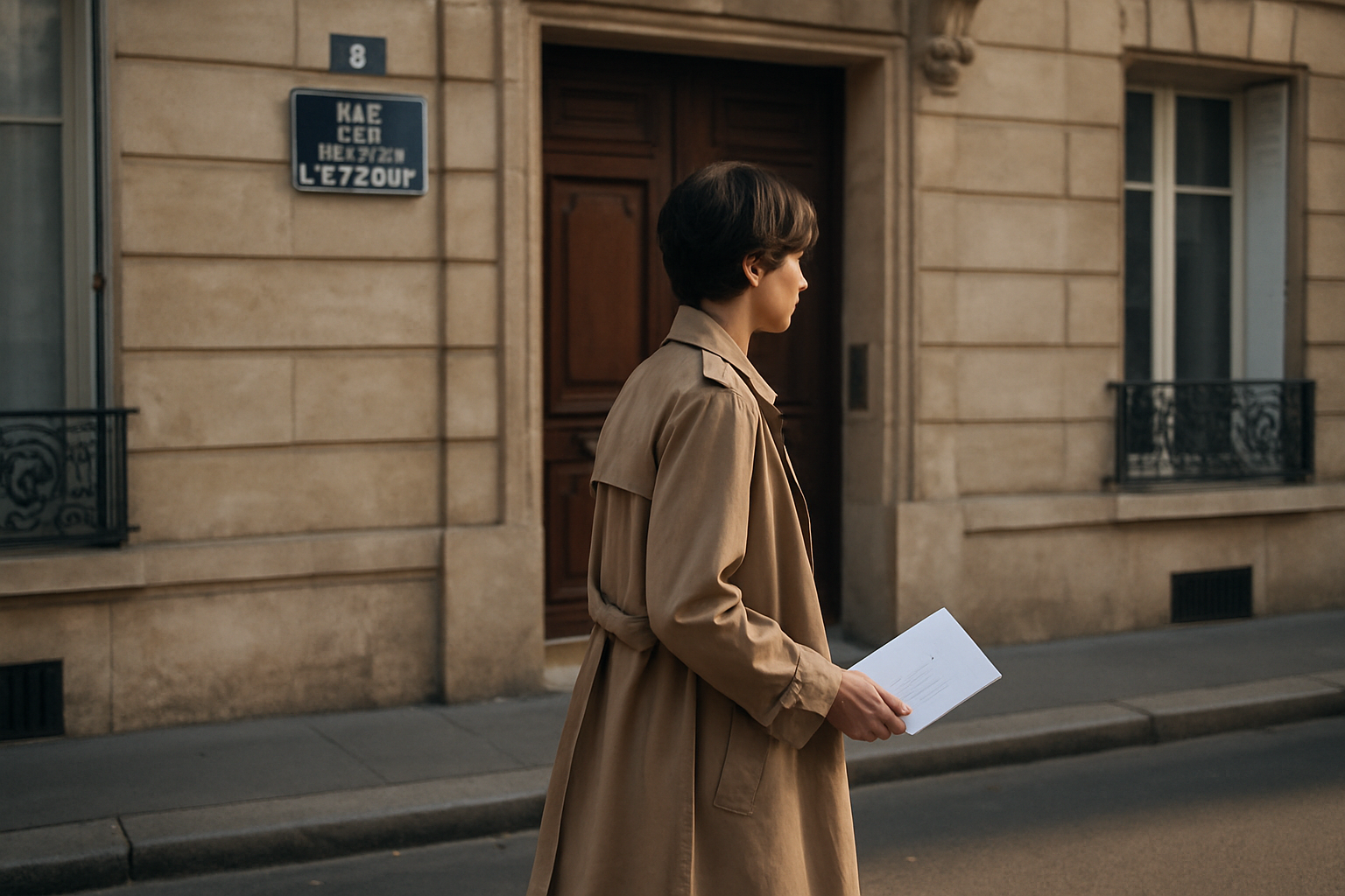 Façade d’un immeuble à Paris au 8 rue de la Ville l’Évêque, personne tenant une enveloppe pour un courrier administratif