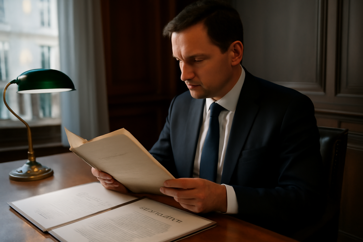 Notaire et dossier d’acte de décès près d’un contrat d’assurance-vie sur une table en étude notariale, lumière naturelle