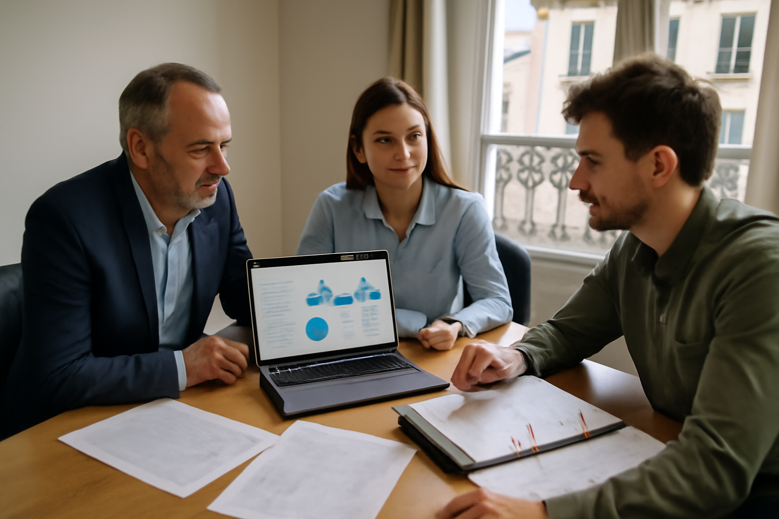 laminutebusiness.fr gestion entreprise : équipe en réunion de pilotage avec tableaux de bord et documents comptables