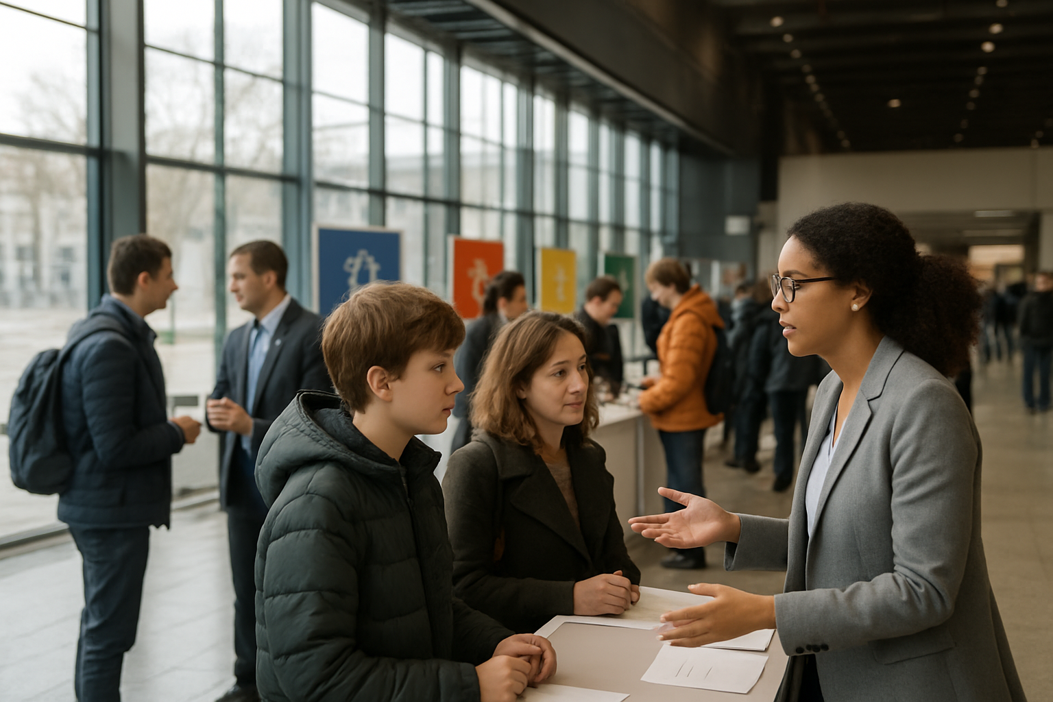 Visiteurs au Mondial des métiers à Lyon discutant avec des professionnels sur un stand, décembre 2026