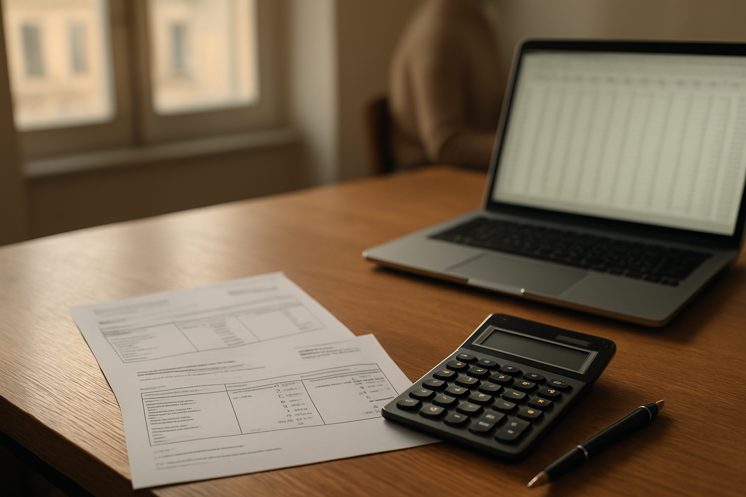 Comparaison de bulletins de salaire sur une table, calculatrice et documents de ressources humaines, lumière naturelle, bureau à Paris