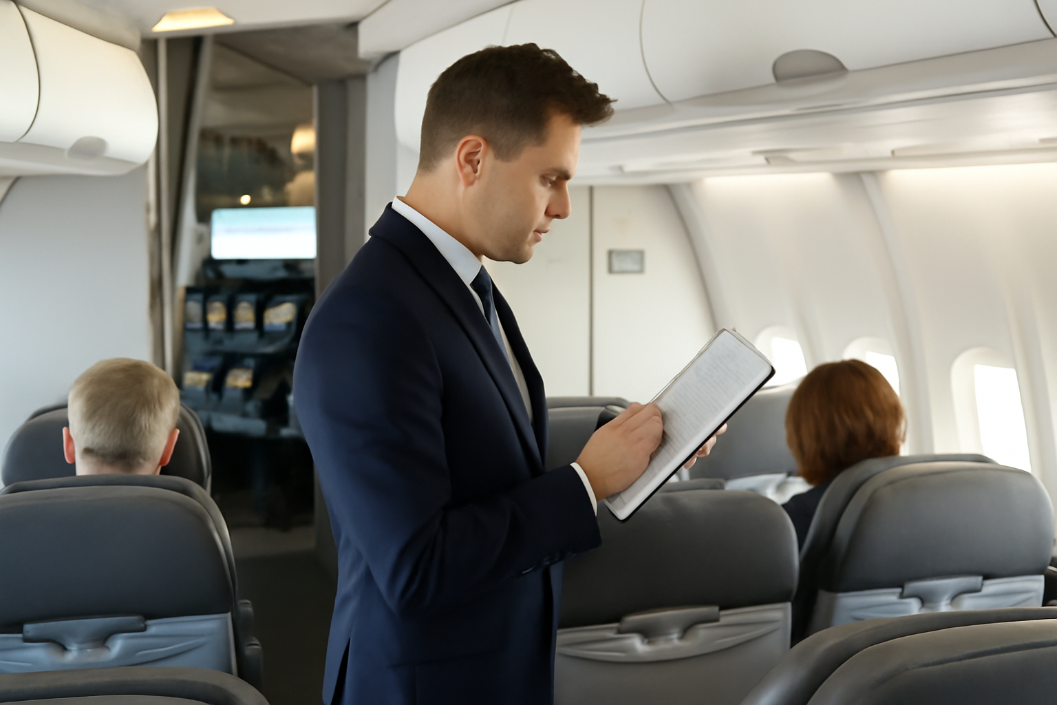 Steward en uniforme réalisant un briefing sécurité en cabine d’avion, lumière naturelle, passagers en arrière-plan