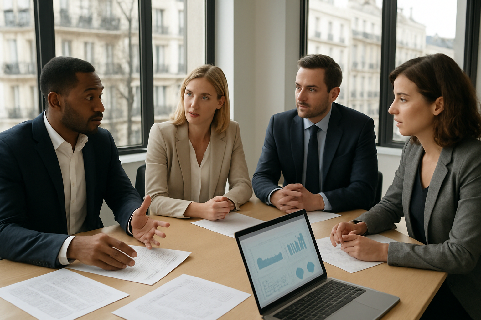 Cabinets professionnels Big Four : équipe en salle de réunion avec documents d’audit et écran de données