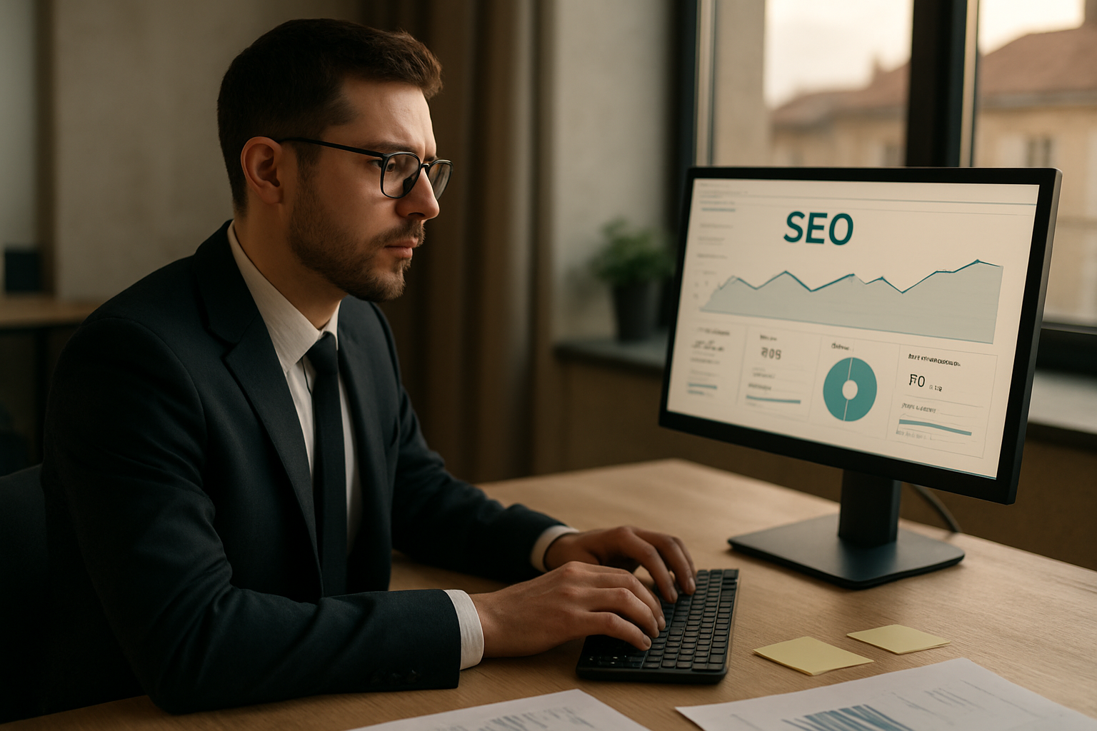 Consultant SEO à Lyon analysant un tableau de bord SEO et des indicateurs business sur écran