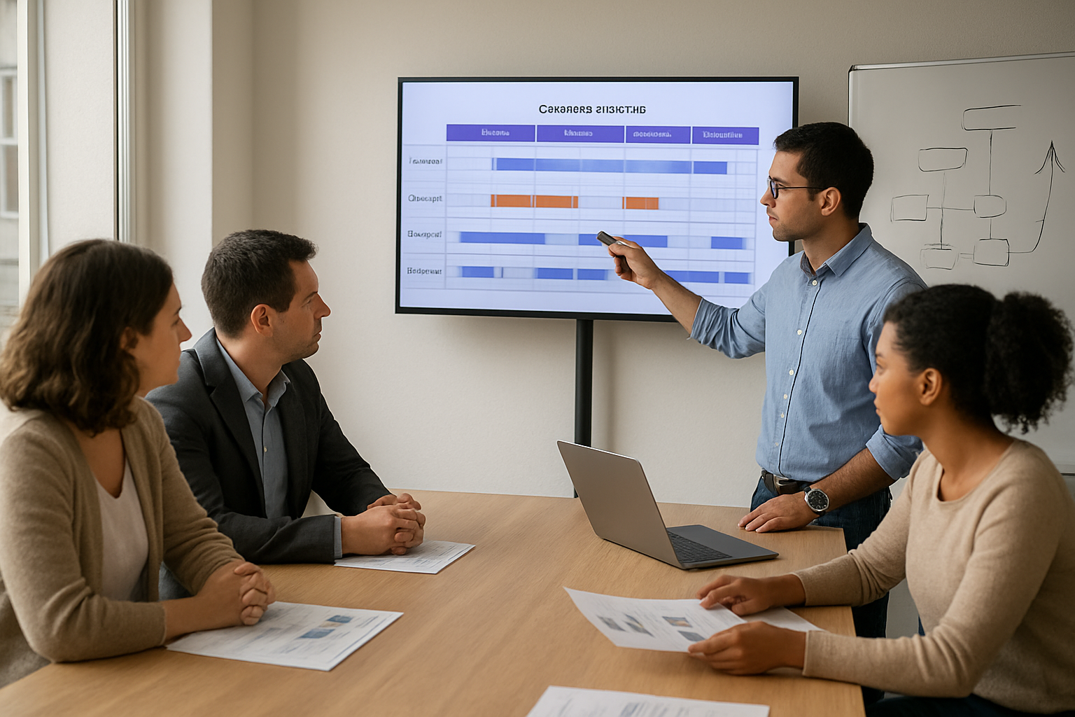Équipe marketing et consultant SEO à Lyon discutant d’un plan de contenu et d’un calendrier de livrables