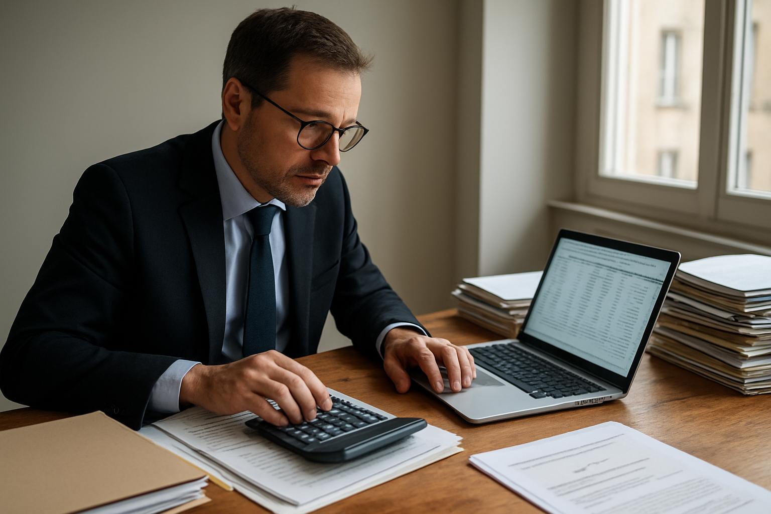 Conseiller fiscal examinant un dossier immobilier pour calculer l’IFI en France, documents et ordinateur sur une table, lumière naturelle