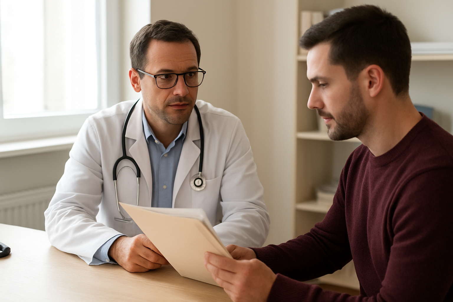 Médecin en consultation avec un patient tenant des documents d’arrêt de travail, lumière naturelle, cabinet médical en France
